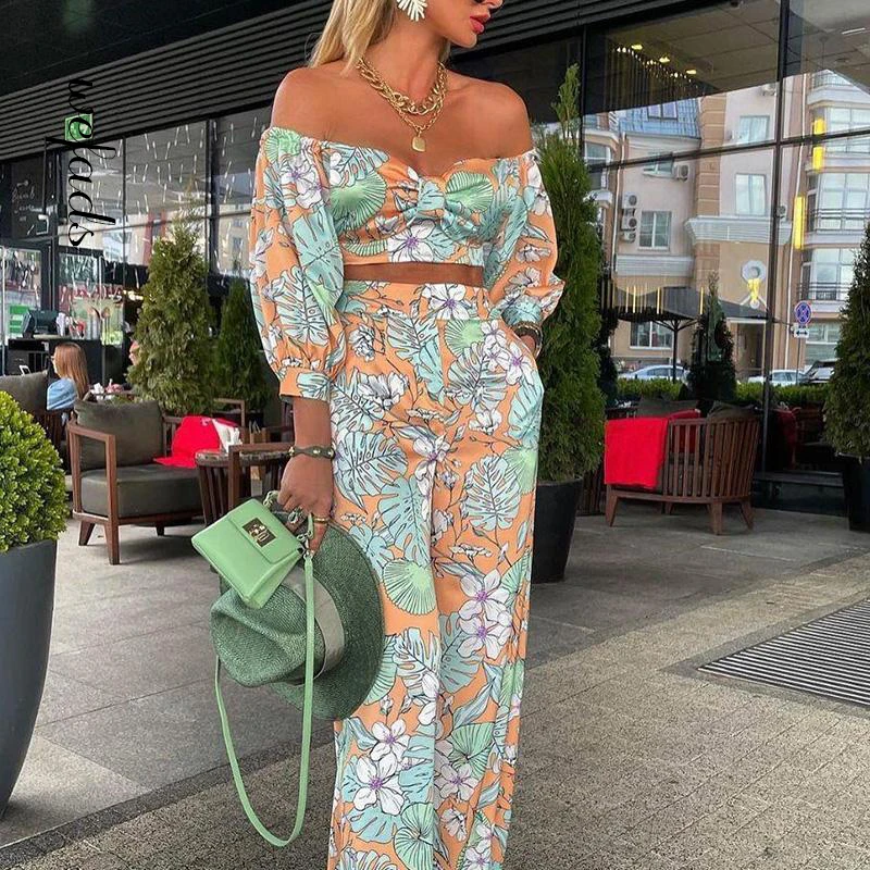 Wefads Women Fashion Autumn 2 Piece Sets Print  Suits Summer Beach Streetwear Autumn 2 Piece SetsTops +Elegant Long Pants