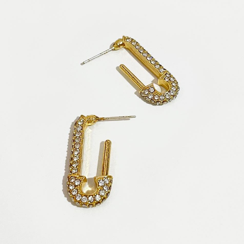Peri'sBox Punk Safety Pin Gold Stud Earrings Rhinestone Glitter Geometric Earrings for Women and Men Stylish Earrings Studs 2019