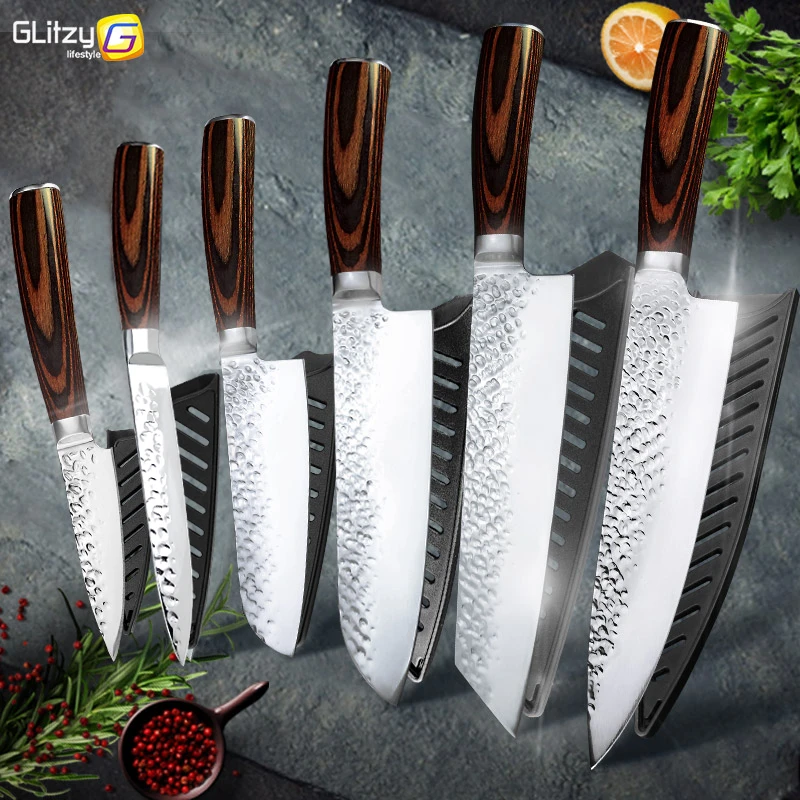 Kitchen Knife Professional Japanese Chef 1-6Pcs Set 7CR17 Stainless Steel 8 Inch Full Tang Meat Cleaver Vegetable Slicer Santoku
