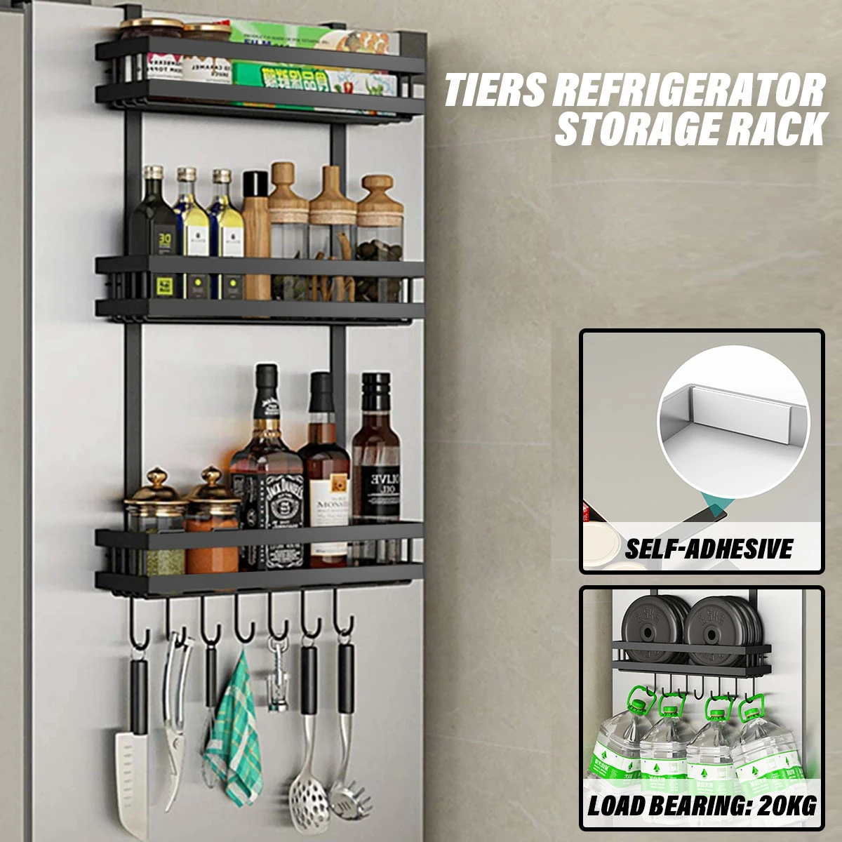 3 Tier Multi-functional Refrigerator Storage Rack Fridge Shelf Sidewall Hanging Holder Kitchen Seasoning Organizer Hang Shelf