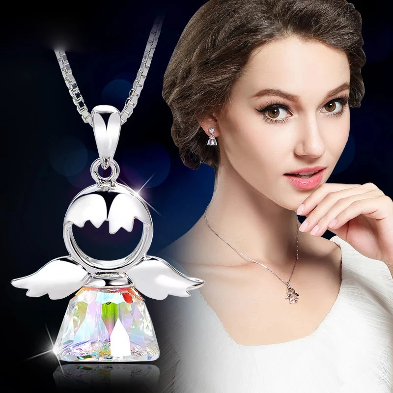 SINLEERY Lovely Austria Crystal Angel Pendant Necklace Silver Color Chain Necklace For Women Girlfriend Gift Xl034 SSI