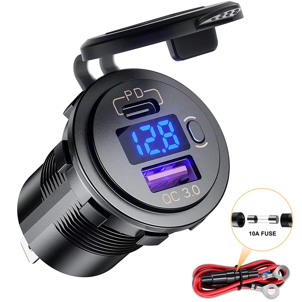 12V 48W USB Outlet Waterproof Charger Socket PD Type C and QC3.0 USB Port with Blue LED for Car Boat Marine Truck Golf Cart