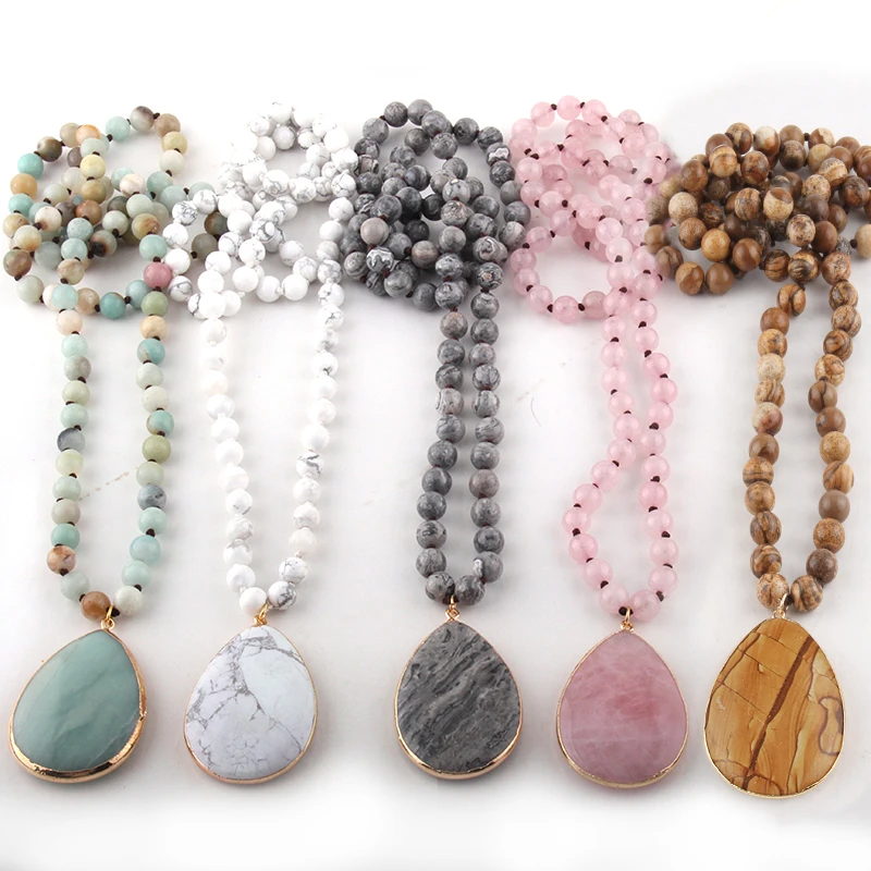 Fashion Bohemian Jewelry Natural Stone Knotted Stone Matching Drop Pendant Necklaces Women Beaded Necklace