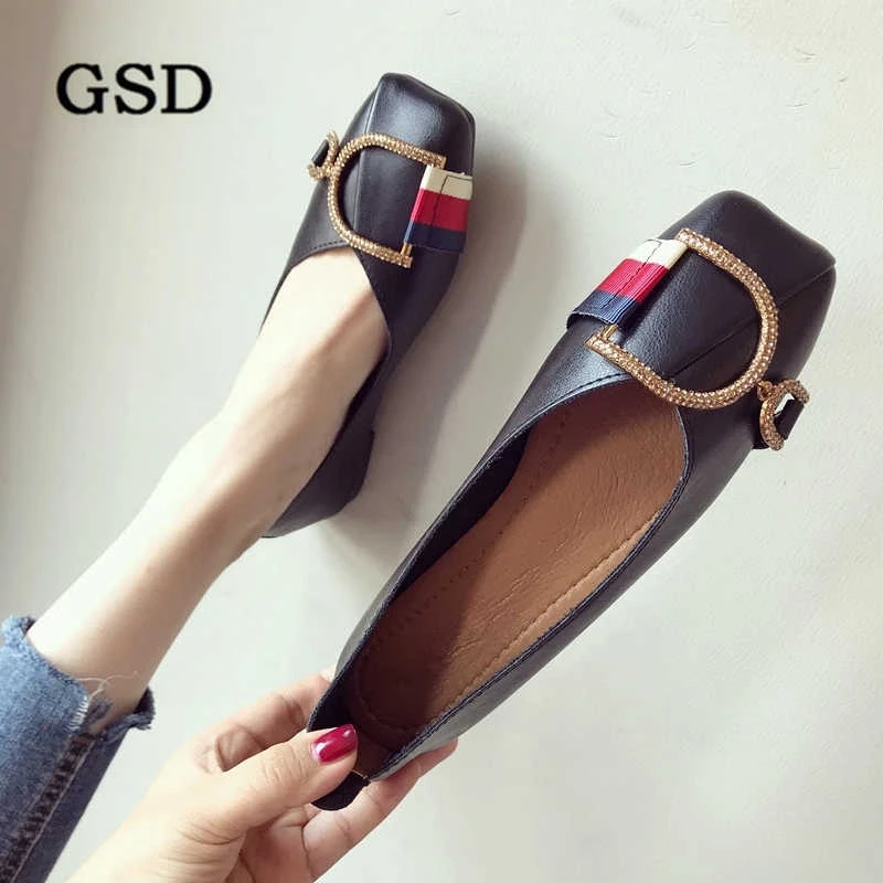 Plus size 35~42 Women Shoes Soft Leisure Flats Fashion Shallow Square Toe Crystal Design Single Shoes Woman Spring Autumn Flats