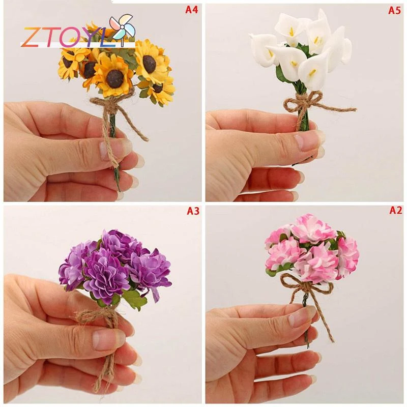 Handmade Bouquet Artificial Flowers For Doll House Fake Purple Carnation Lavender Rose Sunflower Calla lily Doll Decor 10 Styles