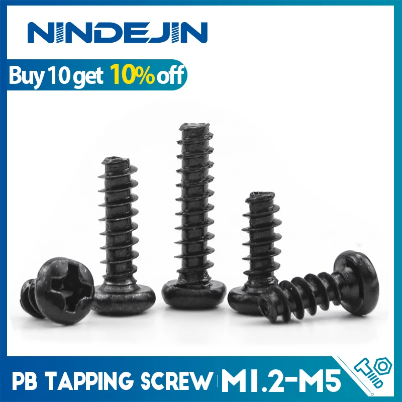 100pcs Cross Recessed Pan Head Flat Tail Self-tapping Screw M1.2 M1.4 M1.7 M2 M2.3 M2.6 M3 M4 Black Carbon Steel Phillips Screw