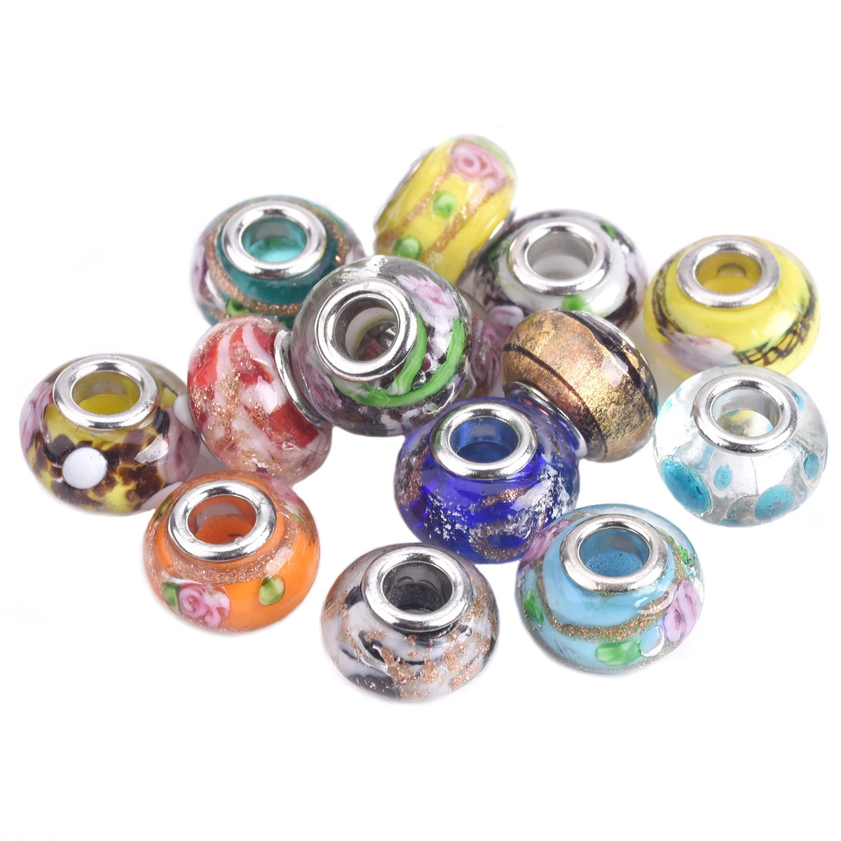 10pcs 15x9mm Round European Charms Murano Lampwork Glass Big Hole Beads for Jewelry Making Bracelet DIY 44#~110#
