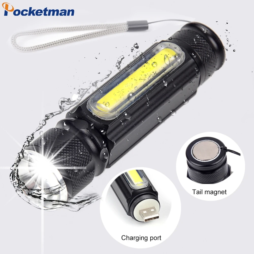 Accept Dropshiping Built-in Battery LED Flashlight USB Rechargeable T6 Torch Side COB Light Linterna Tail Magnet Work Lamp z60