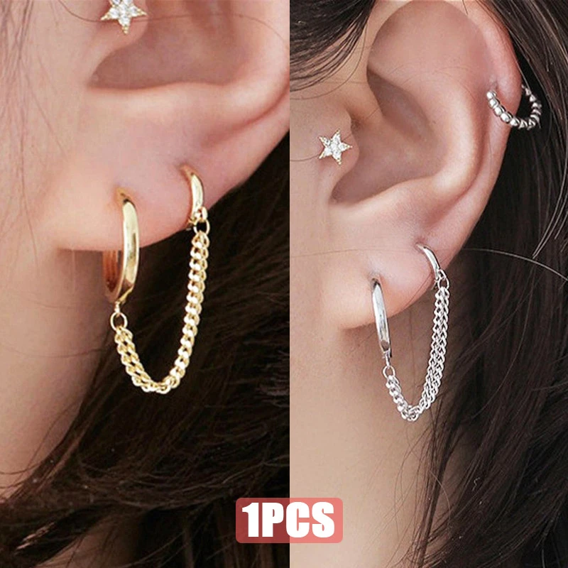 1PCS Stainless Steel Double Ear Hole Link Chain Hoop Earring for Women Ear Jewelry Accessories Gift Wholesale