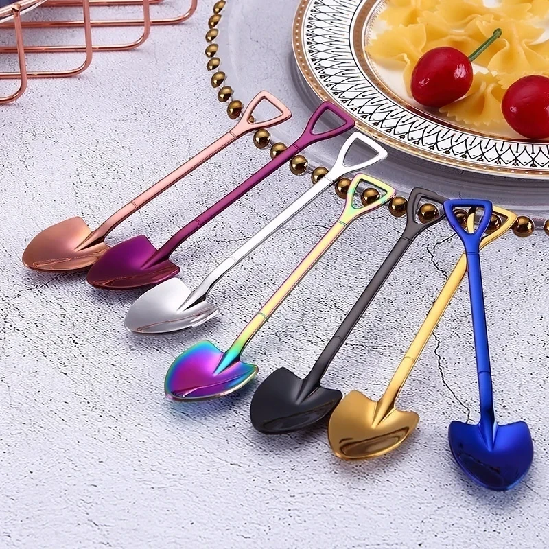 1PCS Creative Dessert Spoon Stainless Steel Coffee Stirring Spoon Shovel Fork Fruit Fork Rose Gold Stainless Steel Fruits Fork