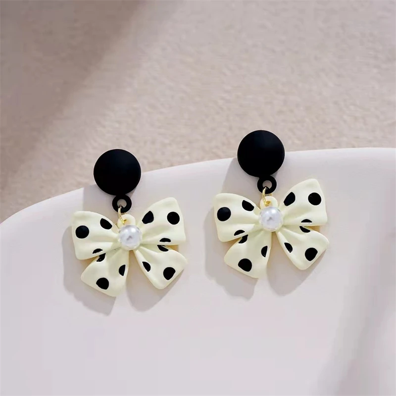 Korean Dangle Drop Earrings Kawaii Cute Plaid Women Wholesale Heart Flower Bow Knot Tie Cat Fall Winter Fashion Jewelry