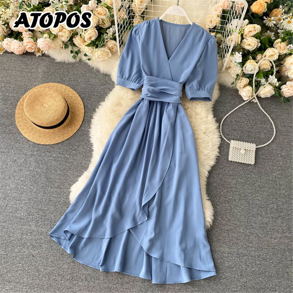 Women Summer Midi French Dress 2021 Sweet V-Neck Puff Sleeve High Waist Elegant Woman Dresses Female Clothing New Year Atopos