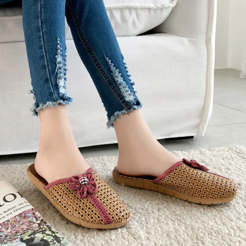 Suihyung Women Summer Shoes Breathable Linen Slippers Casual Flat Slides With Flower Ladies Home Slip On New Flax Bow Sandals