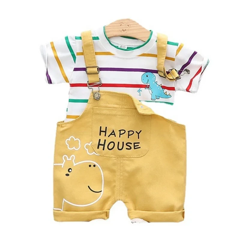 Summer Children Cotton Baby Boy Girl Clothes Cartoon Stripe T Shirts Bib Shorts 2Pcs/sets Infant Kids Fashion Toddler Tracksuits