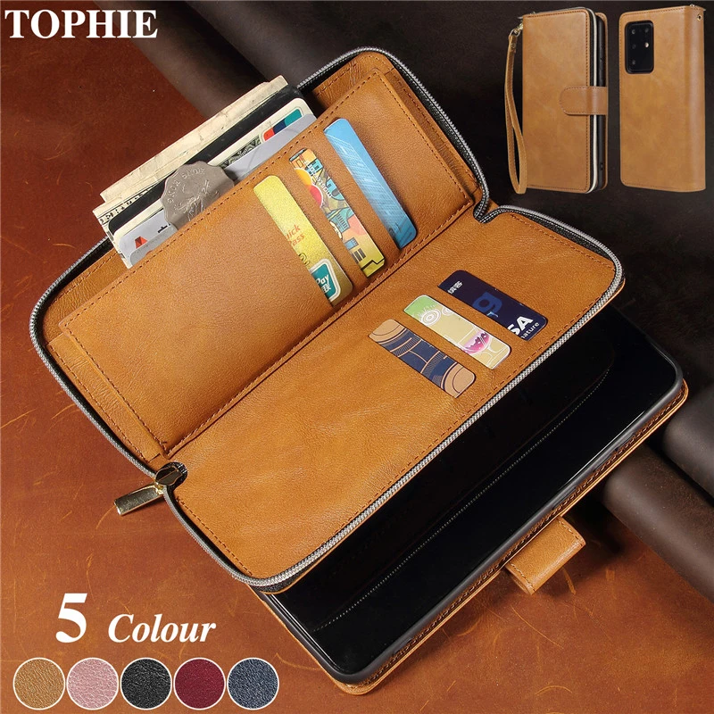 Leather Wallet Case For Samsung Galaxy Note 20 Ultra 10 S21 S20 FE S10 S9 S8 Plus Zipper Purse Cover A21S A51 A71 A50 A70 Coque