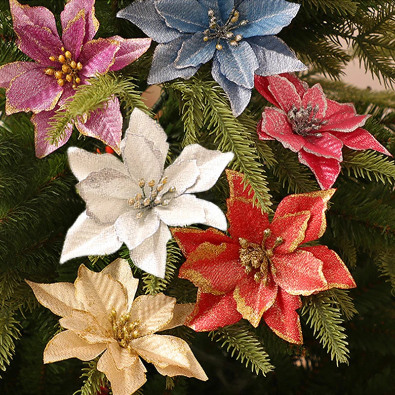 5pcs Artificial Flowers Glitter Christmas Flowers Merry Christmas Tree Decorations for Home 2021 Xmas Ornaments New Year Decor