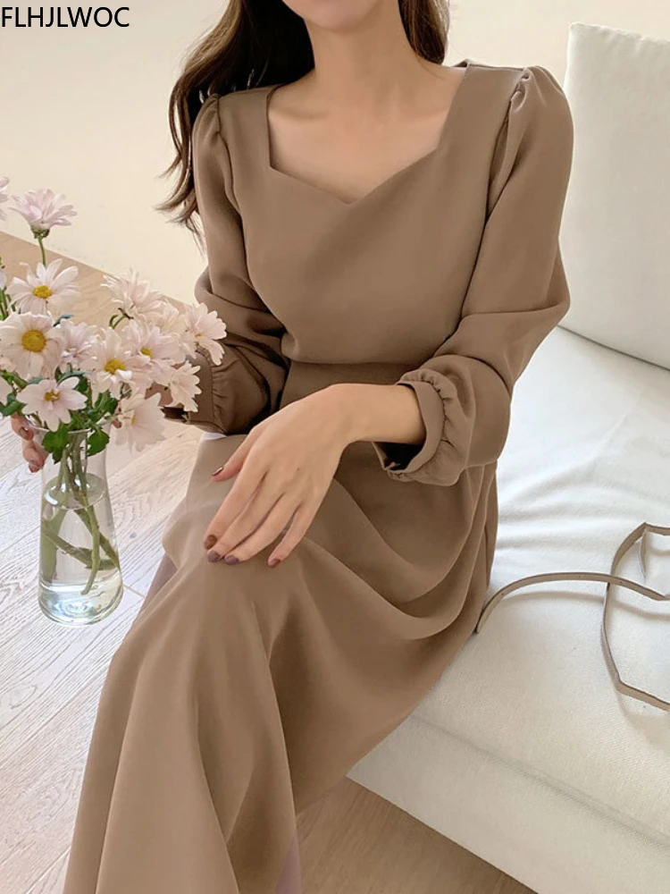 Chic Korean Fashion Women Temperament Office Lady Elegant Work Basic Wear Solid Vintage Long Dress Fenimine Vestidos N502