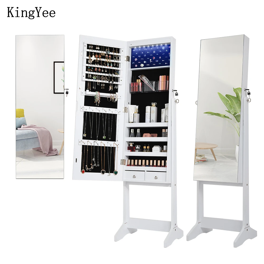 KingYee Full-length Mirror Jewelry Storage Mirror Cabinet Cosmetics & Small Accessories Storage Cabinet  Stand-up/Wall-mounted