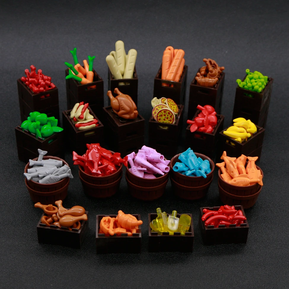 Food Building Blocks City Accessories Pizza Carrot Cherry Banana Fish Basket Hot Dog Fruit Bricks Toy Friends Figures parts bulk