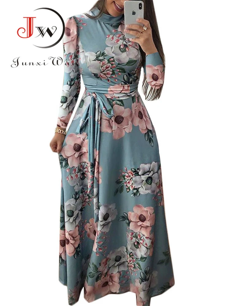 Women Summer Long Dress 2021 Casual Long Sleeve Boho Floral Print Maxi Dress Turtleneck Bandage Elegant Party Dresses Vestidos