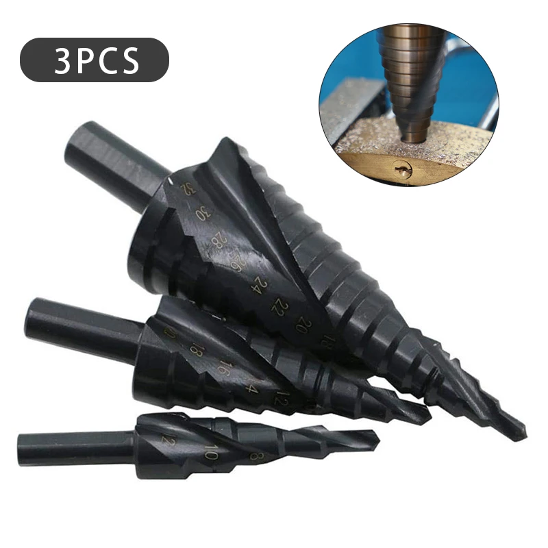 3Pcs 4-32MM HSS Cobalt Step Drill Bit Set Nitrogen High Speed Steel Spiral For Metal Cone Triangle Shank Hole Bit Hole opener