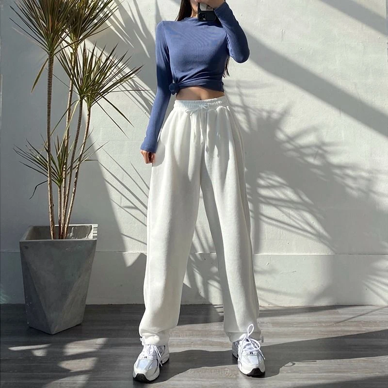 HOUZHOU Women Sports Pants Korean Fashion Oversize Gray Jogging Sweatpants Baggy 2021 High Waist Joggers White Trousers Female