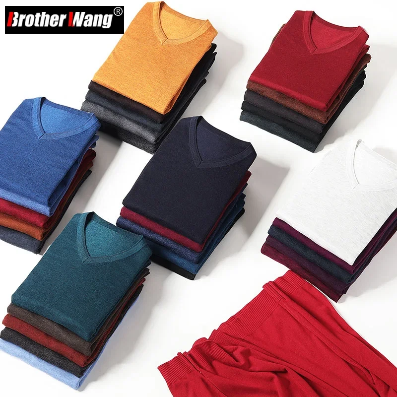 2021 Autumn New Men's V-neck Thin Wool Sweater Classic Style Solid Color Business Casual Pullover Male Brand Clothes