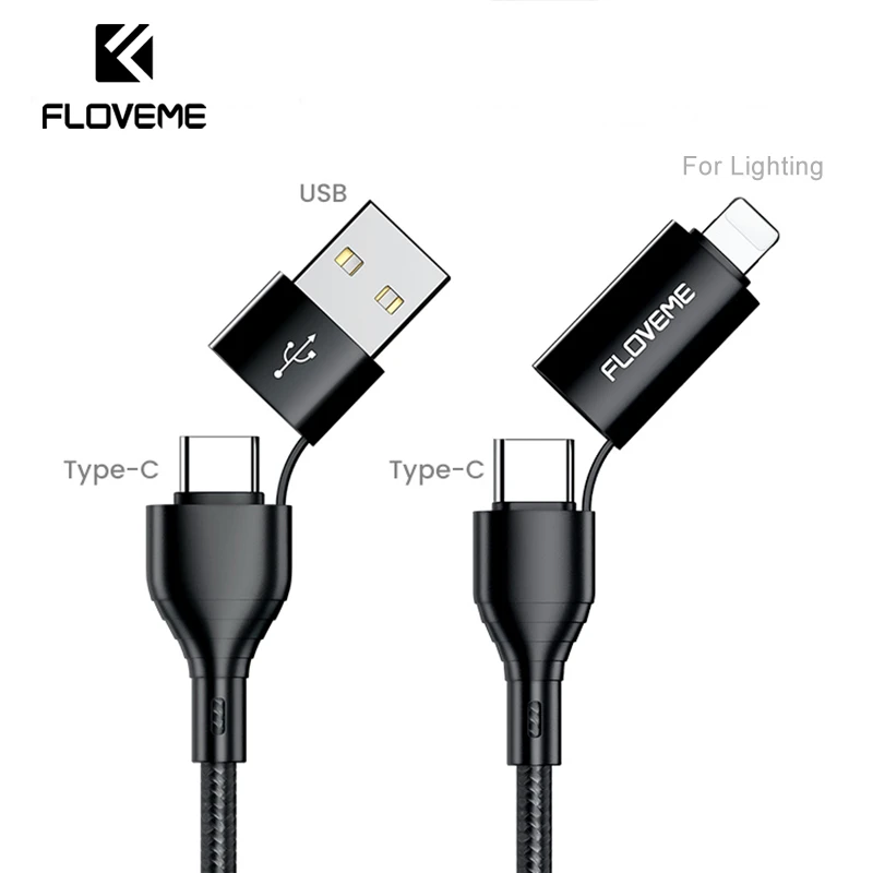 FLOVEME 4 in 1 USB Cable 3A USB C to Lighting Cable For iphone 13 12 11 Pro Fast Charging Type C Charger For Samsung Date Cable