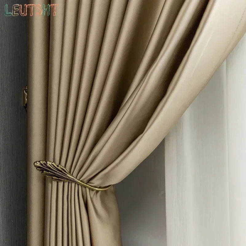 Europe Gold Silk Blackout Curtains for Living Dining Room Luxury Solid Thick Curtain Window Treatment for Bedroom Kitchen Blinds