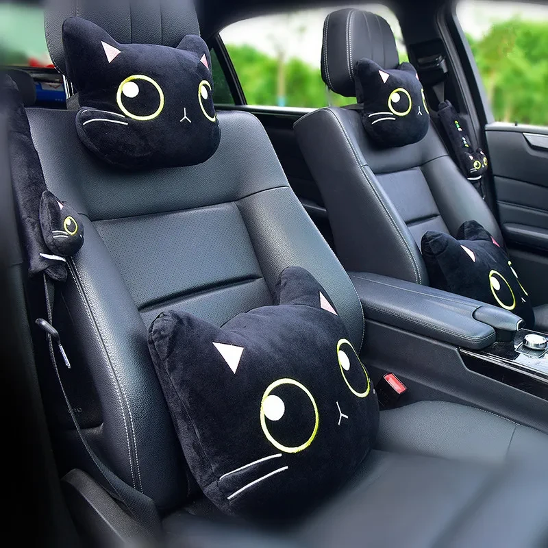 Cute Cat Car Neck Pillow Cartoon Cat Head Car Headrest Travel  Cushion  Cat Seatbelt Shoulder Pads Covers Rearview Mirror Cover