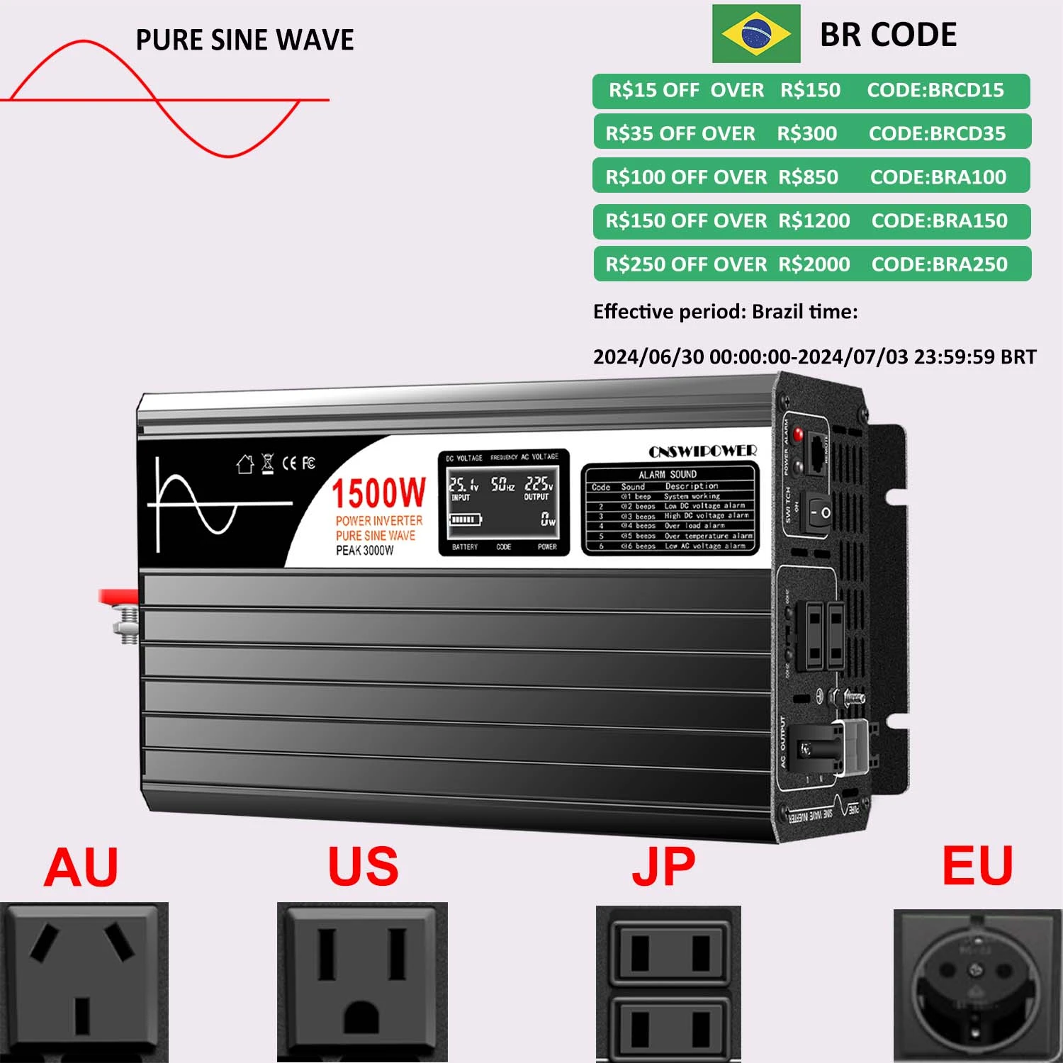 1500W inverter 12v 220v pure sine wave solar power inverter DC 24V 48V to AC 110V with remote control