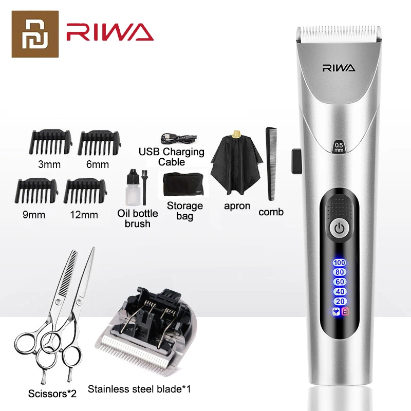 Xiaomi RIWA Hair Clipper Professional Electric Trimmer With LED Screen Washable Rechargeable Men Strong Power Steel Cutter Head