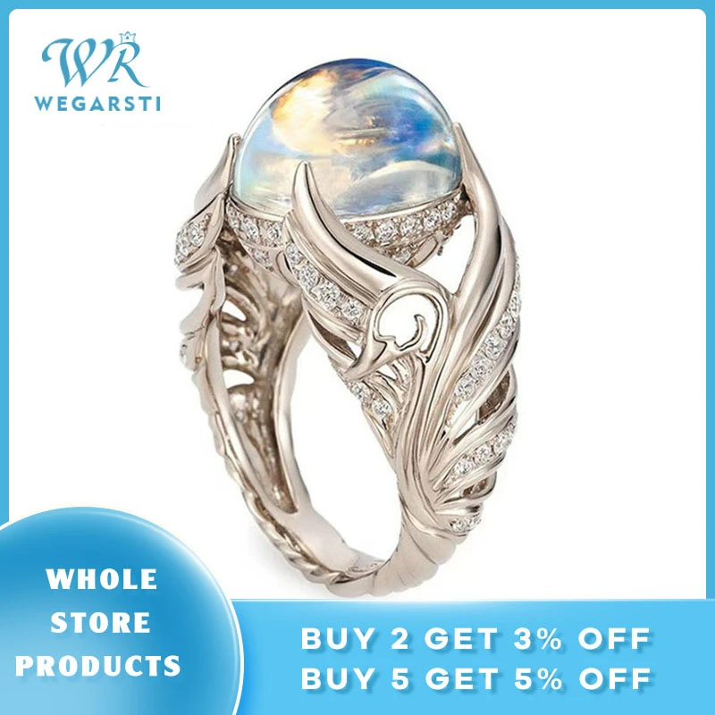 WEGARSTI Vintage Colorful Big Circular Cut Rings For Women 925 Sterling Silver Ring With Angel Wings Moonstone Femme Jewelry