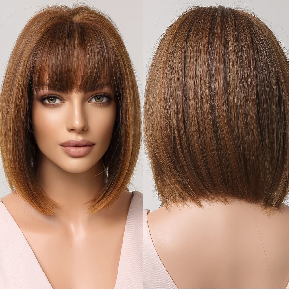 GEMMA Synthetic Short Straight BOb Wigs with Bangs for Women Girls Natural Ombre Black Brown False Hair Heat Resistant Fiber