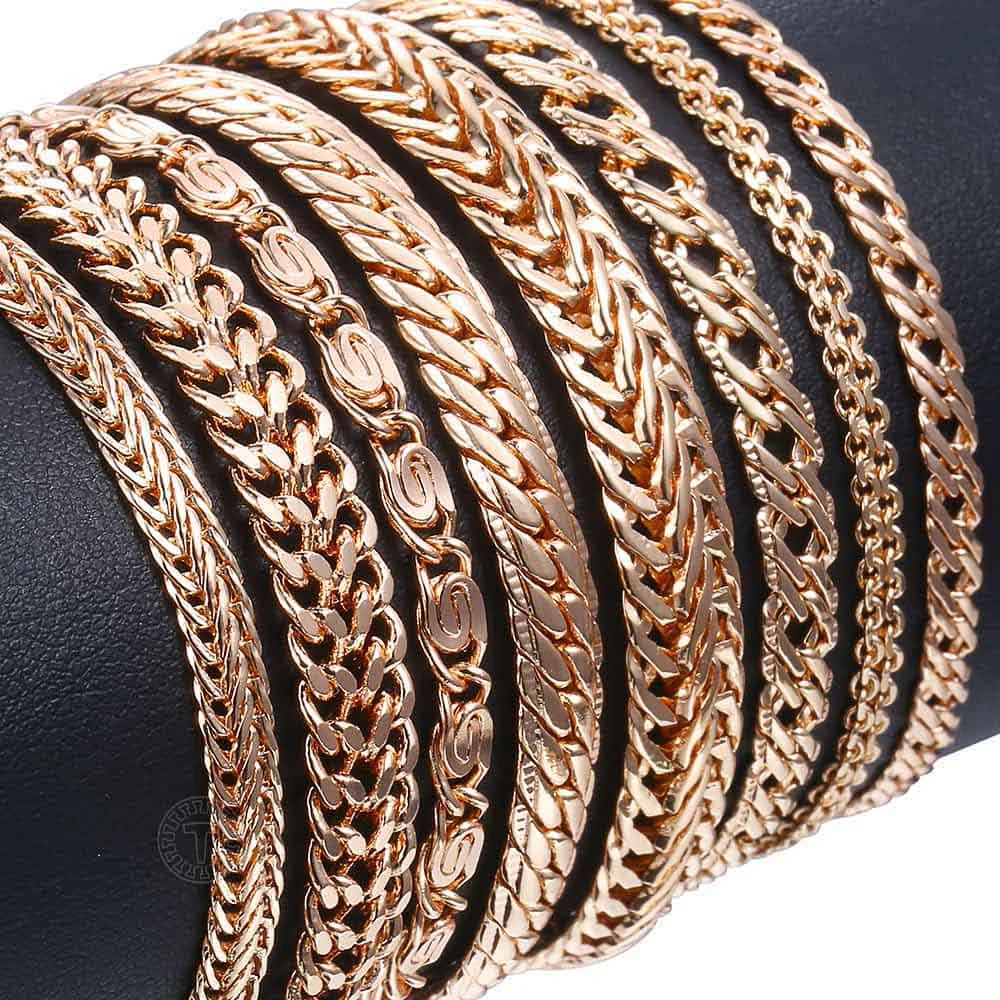 Davieslee Bracelets for Women 585 Rose Gold Filled Chains Mens Womens Bracelat Foxtail Hammered Bismark Chain 3-8mm 20cm DCBB1