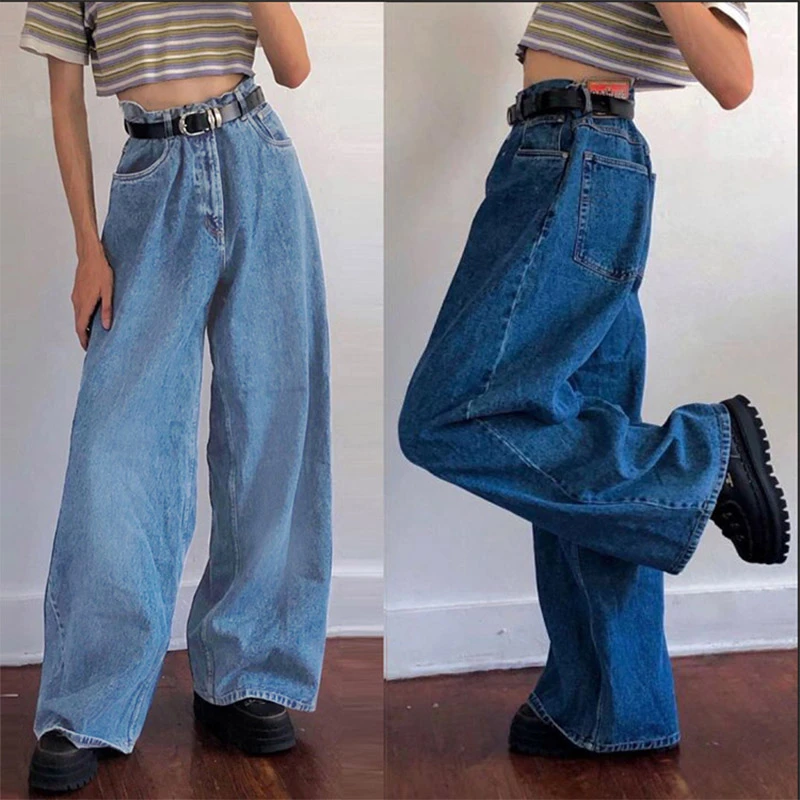 Korean Style Women Jeans Denim Boot Cut Wide Leg Jean Boots Fashion Loose Long Length Streetwear Female Pants Casual Solid Pants