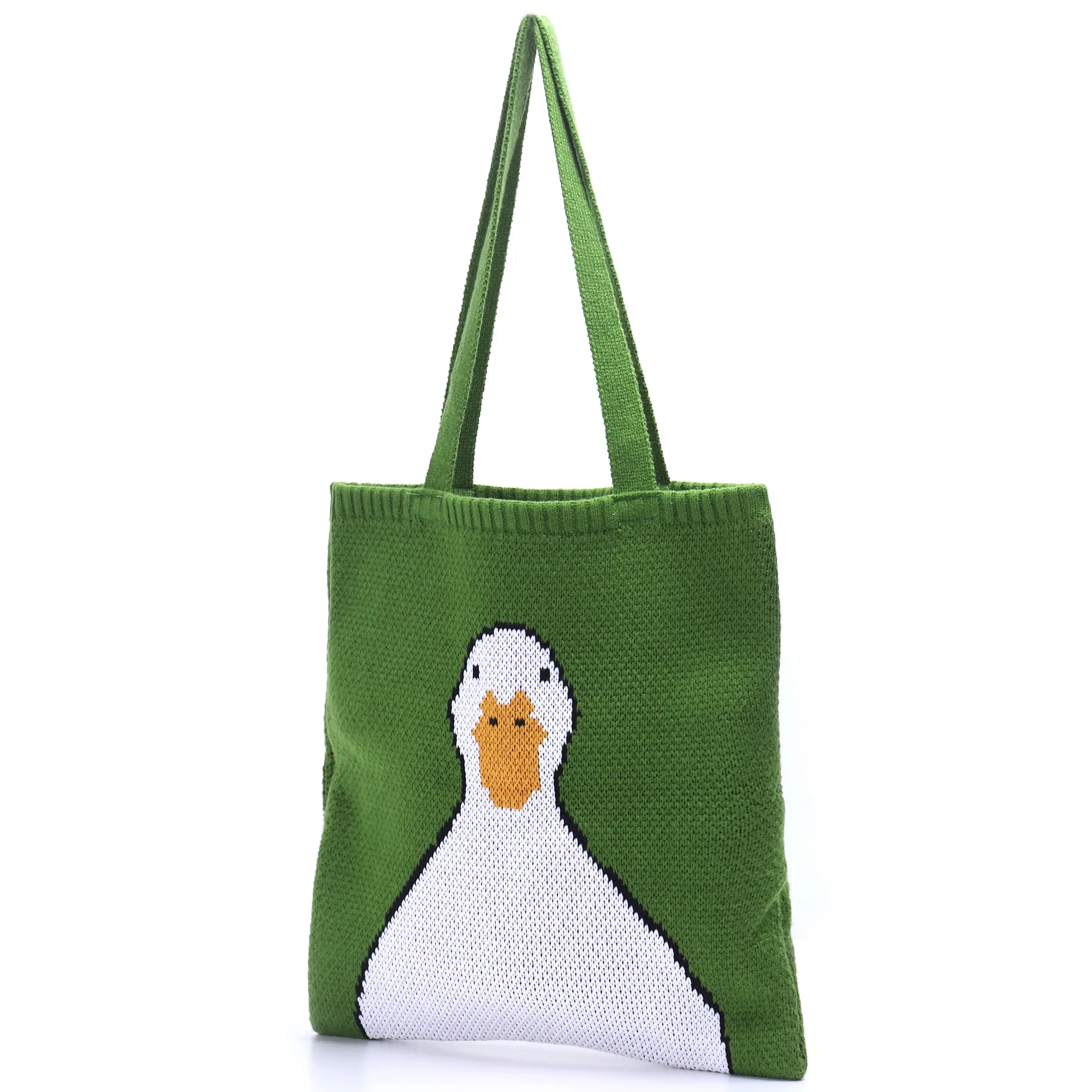 Female Cute Cartoon Duck Top-handle Tote Bag Teen Women Winter Vintage Retro Rural Anime Knitting Kawaii Stylish Green Handbag