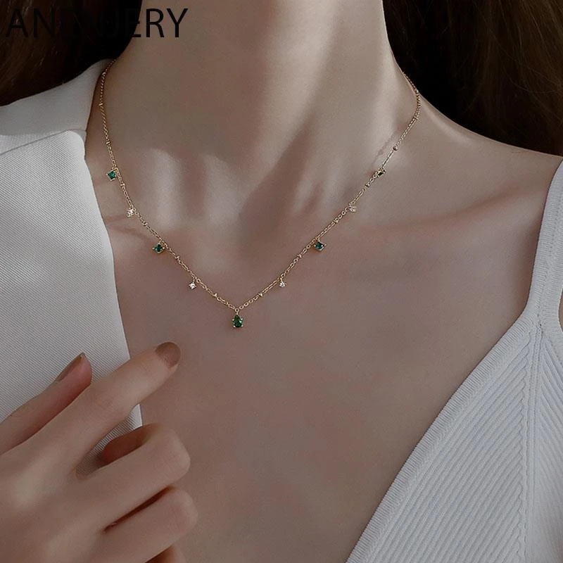 925 Sterling Silver Choker Necklace for Women Exquisite Green Zircon Clavicle Chain Necklace Gifts S-N742