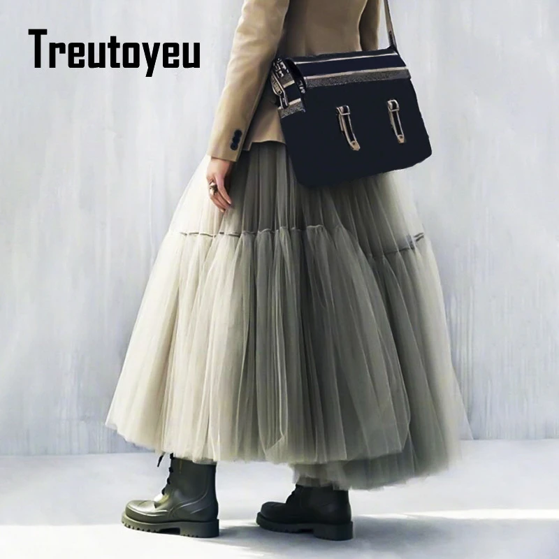 Treutoyeu Vintage Gothic Black White Pleated Long Tulle Skirt Tutu Femme High Waisted Runway Soft Mesh Skirts Womens 2021 Jupe
