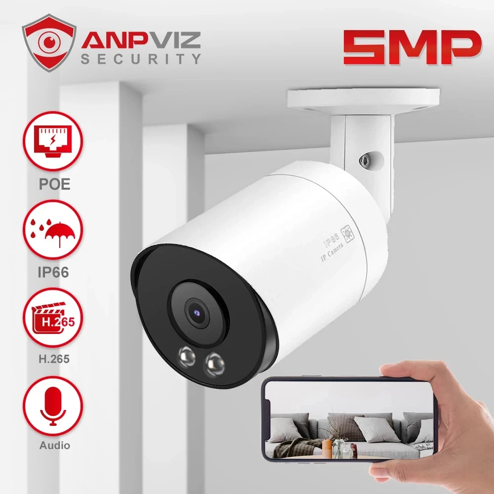 Anpviz 5MP Bullet IP Camera Hikvision Compatible POE Outdoor 30m IR Security Camera With Microphone Motion Detection IP66 H.265