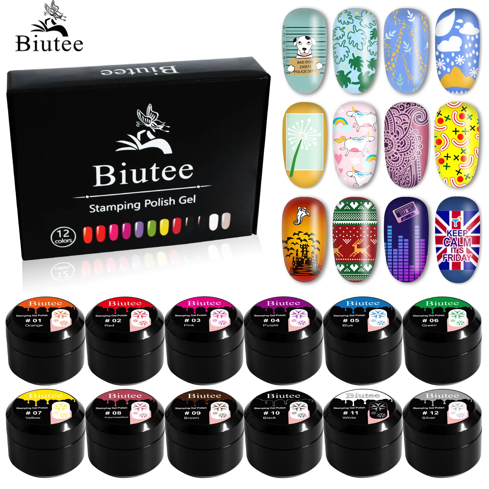 BIUTEE 12Color Nail Kit Nail Stamping Gel Polish White Black Print Oil UV Gel Varnish Soak Off Gels For Nail Art Stamping Plate