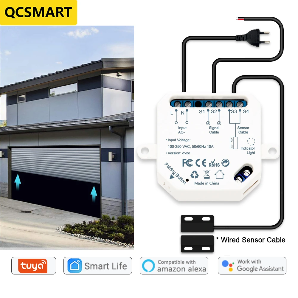 Garage Door Sensor Opener Controller Remote WiFi Switch Tuya Smart Life App Alert Works with Google Home Alexa Home Automation