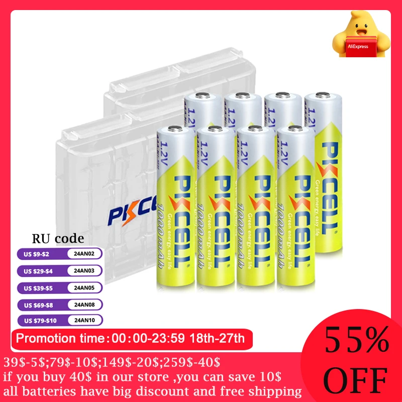 8Pcs PKCELL AAA Battery 1.2V Ni-MH AAA Rechargeable Batteries 1000MAH 3A aaa flashlight battery with 2PC AAA/AA Battery Holder