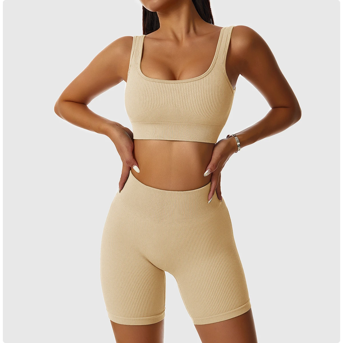 Seamless Yoga Sets Fitness Sports Set Sexy U-Neck Cropped Top High Waist Shorts 2Pcs Running Sportswear Workout Clothes Gym Suit