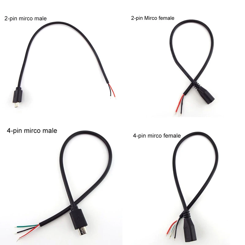 5pcs Micro USB 2.0 A Female Jack Android Interface 4 Pin 2 Pin Male Female Power Data Charge Cable Cord Connector 30CM