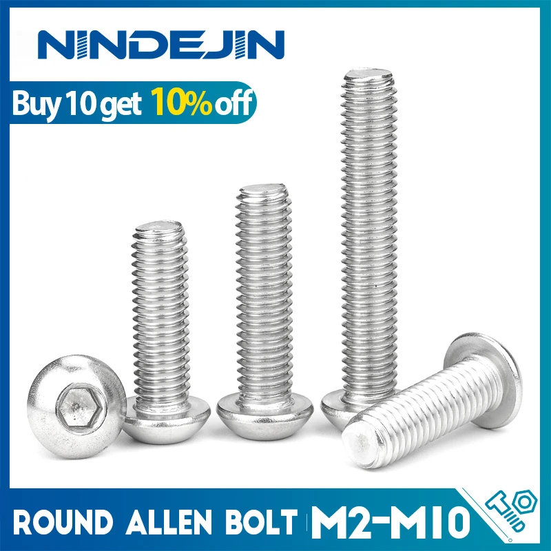 NINDEJIN M2 M2.5 M3 M4 M5 M6 M8 M10 304 Stainless Steel Hexagon Hex Socket Button Head Screw Bolts Round Head Screw ISO7380