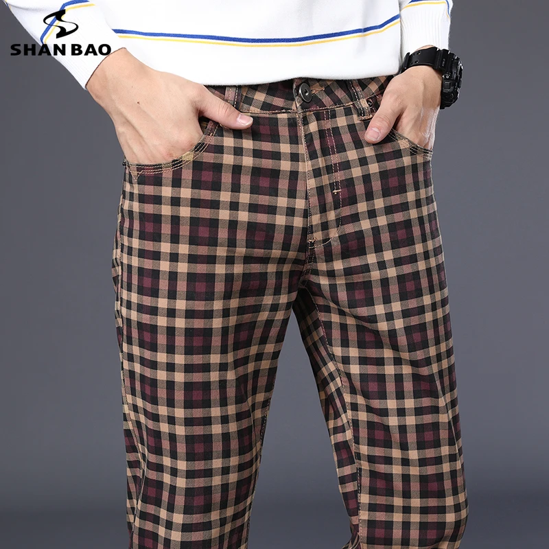 SHAN BAO 2021 Autumn New Cotton Stretch Brand Plaid Pants Classic Style Youth Men's Fitted Straight Casual Trousers 6 Colors