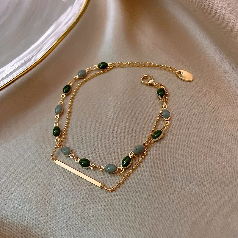 Minar Blue Green Color Crystal Charm Bracelets for Women Gold Color Beaded Chain Double Layered Adjustable Bracelet Accessories