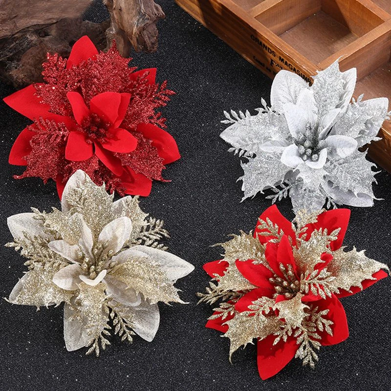 5/10pcs Artificial Christmas Flowers Glitter Fake Flowers Merry Christmas Tree Decorations Xmas Ornaments New Year Gift natal