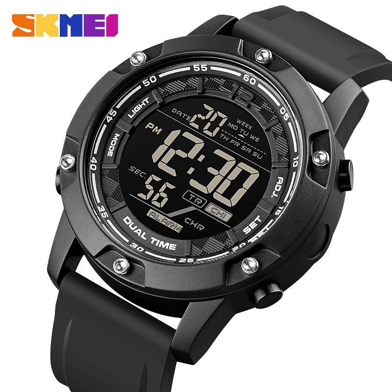 SKMEI Strong Waterproof 100M Sport Digital Army Mens Watch Silicone Strap Stopwatch LED Electronic Wrist Watch Male Black